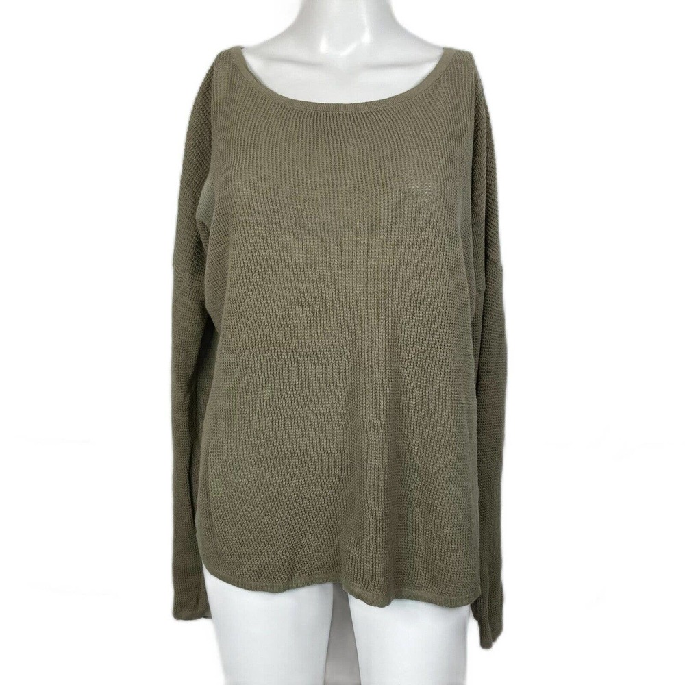 Max Studio Sweater Womens Sz L Taupe Brown Linen Cotton Waffle Knit Button Back